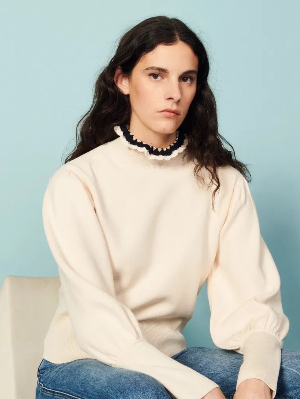 Sandro Ridane Crochet-Trimmed Knitted Turtleneck Sweater in Cream